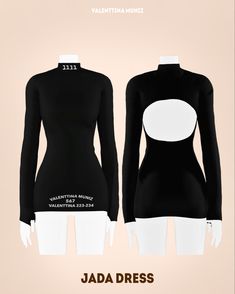 the back and side view of a black dress with white circles on it