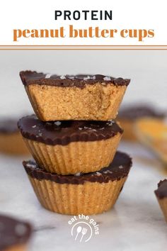 chocolate peanut butter cups stacked on top of each other with the title text overlay