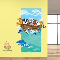 an image of a boat full of animals in the ocean with dolphins and dolphins on it