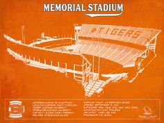 an orange poster with the words memorial stadium on it's front and side walls