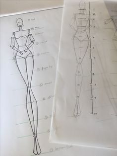 two drawings of female mannequins on paper