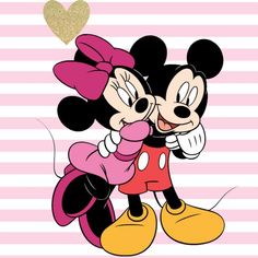 mickey and minnie kissing in front of a pink striped background with a heart on it