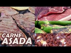 several different types of meats and vegetables on a grill with the words carne asada above them