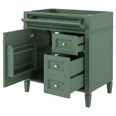 a green cabinet with three drawers and one door open to show the bottom drawer area