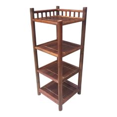 a wooden shelf with three shelves on each side