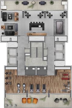 an overhead view of a floor plan with furniture and kitchen area in the center,