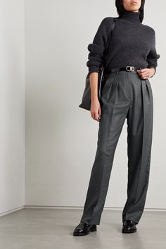 Nili Lotan's 'Abella' pants are made from wool-twill in an endlessly versatile dark-gray hue.  Designed to sit high on the waist, they have sharp pleats and fall to straight legs with pressed creases through the front. Wear yours as part of a monochrome outfit with a tonal blazer or sweater. Dark Gray Pants Outfit, Dark Grey Dress Pants, Androgynous Style, Pants For Woman, Grey Slacks