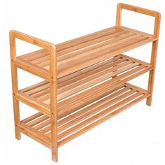 a wooden bench with two shelves on each side