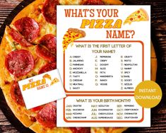 a pizza party game is shown with the name and age on it's card