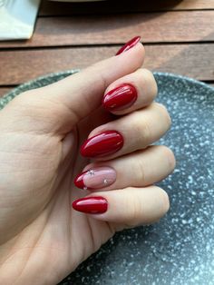 Almond Nails With Diamonds Rhinestones, Rhinestone Red Nails, Red Nails Rhinestones, New Year Nails Red, Red Nails 2024, Red Nails With Rhinestones, Cranberry Nails, Almond Acrylic Nails Designs, Nails With Rhinestones