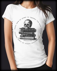 "Words have no power to impress the mind without the exquisite horror of their reality." - Edgar Allan Poe
The perfect tee for lovers of literature or those with a flare for gothic and dark academia aesthetics. This t-shirt features a quote from Edgar Allan Poe's "The Fall of the House of Usher".  Design is available in multiple colors and styles. The House Of Usher, House Of Usher, Horror Literature, M Craft, Skull Fashion