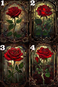 four stained glass windows with red roses in them and numbers on each window, all showing the same size