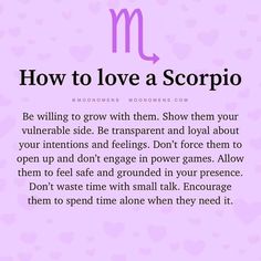 the zodiac sign for how to love a scorpioo is shown in purple