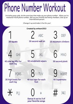 the phone number workout poster is shown with numbers on it and an image of a barbell