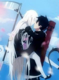 two anime characters hugging each other in front of a sky with clouds and flags behind them