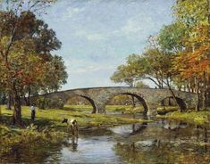 an oil painting of a man and his dog walking across a bridge over a river