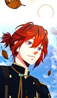 an anime character with red hair standing in front of leaves and a bird flying overhead