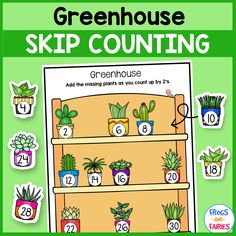 a green house skip counting game with plants on the shelves and numbers in each row