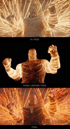 two different views of the same movie character with their arms spread out and fireworks in the air