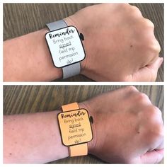 two pictures of a person wearing a wrist watch and another showing the time on their wrist