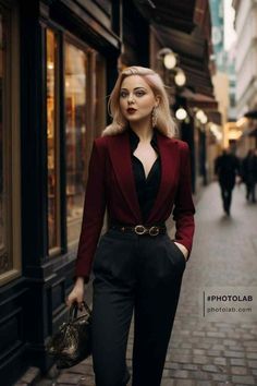 Buisnesscore Outfit Female, Red Black Clothes, Vampire Business Woman, Women All Black Outfit Classy, Black And Red Suits For Women, Female Villain Aesthetic Outfit, Everyday Vampire Outfit, Vintage Noir Aesthetic, Soft Dramatic Office Style