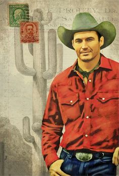 a painting of a man wearing a red shirt and cowboy hat standing in front of a cactus