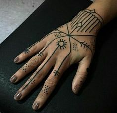 a person's hand with tattoos on it