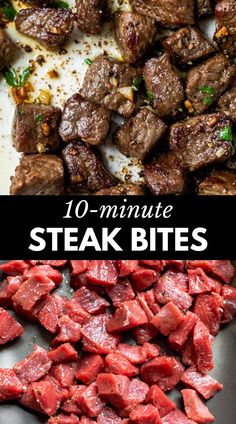 steak bites are shown with the words 10 - minute steak bites on top and below