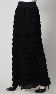 Triple tier stylish skirt - EastEssence.com Elegant Ruffled Maxi Bottoms, Elegant Tiered Pleated Maxi Skirt, Chic Black Tiered Bottoms, Black Flowy Tiered Skirt, Chic Pleated Tiered Bottoms, Chic Tiered Pleated Bottoms, Tiered Ruffled Maxi Skirt, Elegant Black Tiered Bottoms, Black Long Skirt With Ruffles