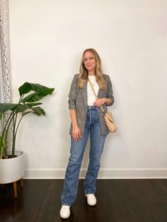 Plaid Blazer: 5 Outfits - Michelle Tomczak Plaid Blazer Winter Outfit, Gray Blazer Casual Outfit, Blazers And Tennis Shoes Outfit, Grey Checkered Blazer Outfit, Gray Blazer And Jeans Outfit, How To Style A Plaid Blazer, Gray Blazer Outfit Women Casual, Check Shacket Outfit