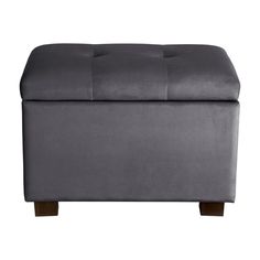 a gray ottoman with wooden legs on a white background