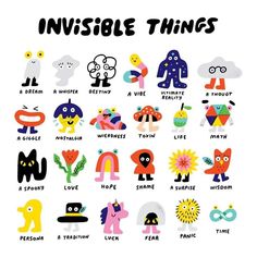 a poster with different types of cartoon characters and words that say invisible things on it