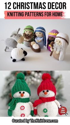 knitted christmas decorations with text overlay that reads 12 christmas decor knitting patterns for home