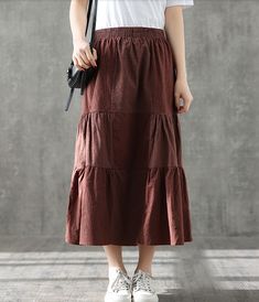 Casual Cotton Linen loose fitting Women's Skirts Non-stretch Long Brown Skirt, Non-stretch Brown Long Skirt, Relaxed Fit Brown Skirt, Brown Flowy Maxi Skirt With Pockets, Brown Solid Color Long Skirt, Non-stretch Brown Cotton Skirt, Casual Brown Solid Color Skirt, Brown Cotton Flared Skirt, Brown Cotton Gathered Skirt Bottoms