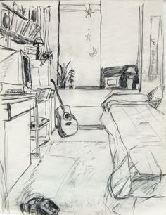 a drawing of a bedroom with a guitar on the bed