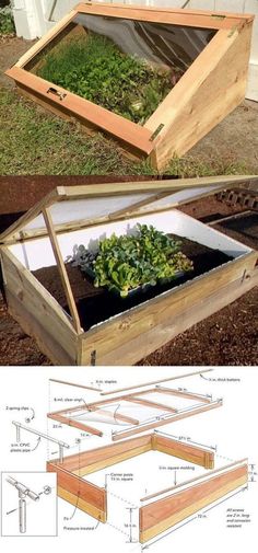 the plans for a raised garden box are shown in two different views, one with plants growing inside