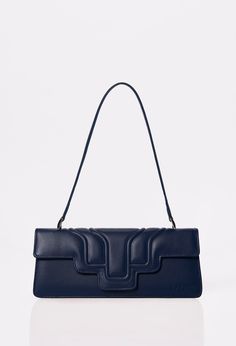 Front of a Blue Leather Shoulder Flap Bag Hilda with a raised design flap and Lazaro logo. Formal Blue Flap Bag With Detachable Strap, Evening Blue Flap Bag With Detachable Strap, Blue Top Handle Flap Bag For Formal Occasions, Classic Blue Rectangular Shoulder Bag, Modern Blue Flap Bag For Formal Occasions, Blue Top Handle Flap Bag For Evening, Classic Blue Formal Flap Bag, Blue Rectangular Formal Shoulder Bag, Formal Blue Rectangular Shoulder Bag