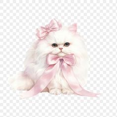 a white cat with a pink bow on it's head, sitting in front of a