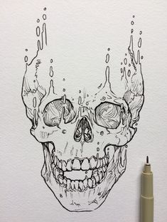 a drawing of a skull with water drops coming out of it