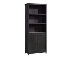 a black bookcase with two doors and drawers