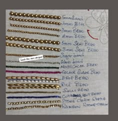 several different types of beaded bracelets are shown on a piece of paper with writing