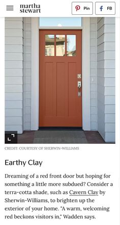 a red front door with the words earthy clay on it and an image of a house