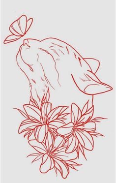 a drawing of a cat with flowers and butterflies on it's back side, in red ink