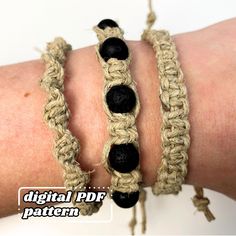 two bracelets with black beads are on someone's arm and the words digital pdf pattern below them