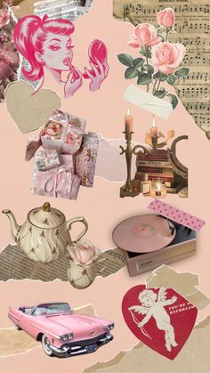 a collage of pink and white images with hearts, roses, teapots, candles, music sheets, etc