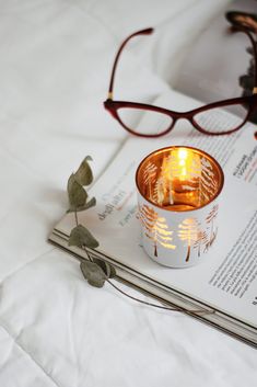 a candle that is sitting on top of a book next to some glasses and plants