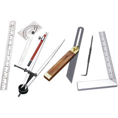 various tools are arranged on a white background with one ruler, the other an angle measuring tool