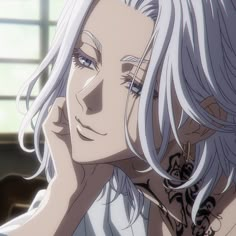 an anime character with long white hair and tattoos on her face looking at the camera