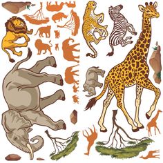 an image of various wild animals on the same page as shown in this graphic art