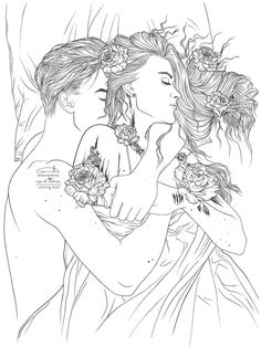 a man and woman kissing in bed with flowers on their head, one is holding the other